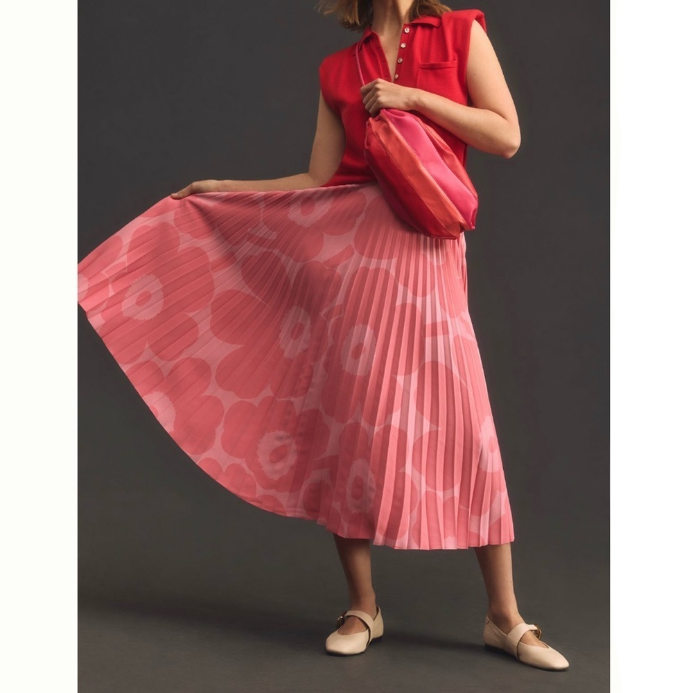 Anthropologie Marimekko Myy Unikko Midi Skirt Pink Poppy Pleated Size Large
